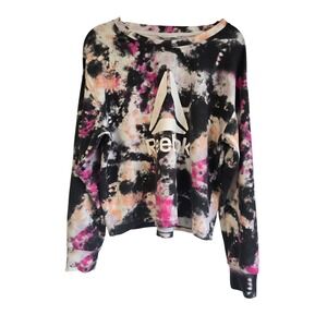 Reebok Womens Tie Dye Delta Logo Pullover Sweatshirt Black Pink Orange L 24x22